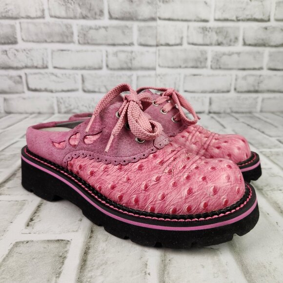 Ariat Fatbaby Platform Women's Sz 7 B Pink Suede Ostrich Print Y2K Chunky Clogs - Picture 1 of 10